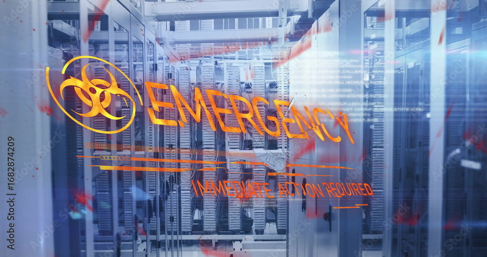 Poster displaying orange emergency overlay with biohazard symbol across data center with server racks