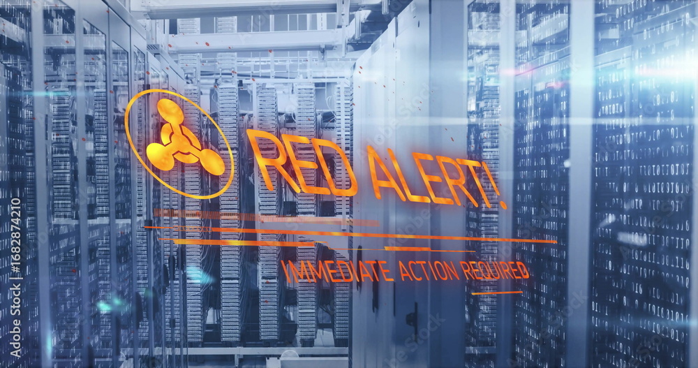 Poster displaying digital warning overlay over server racks in data center, with leds and network cables