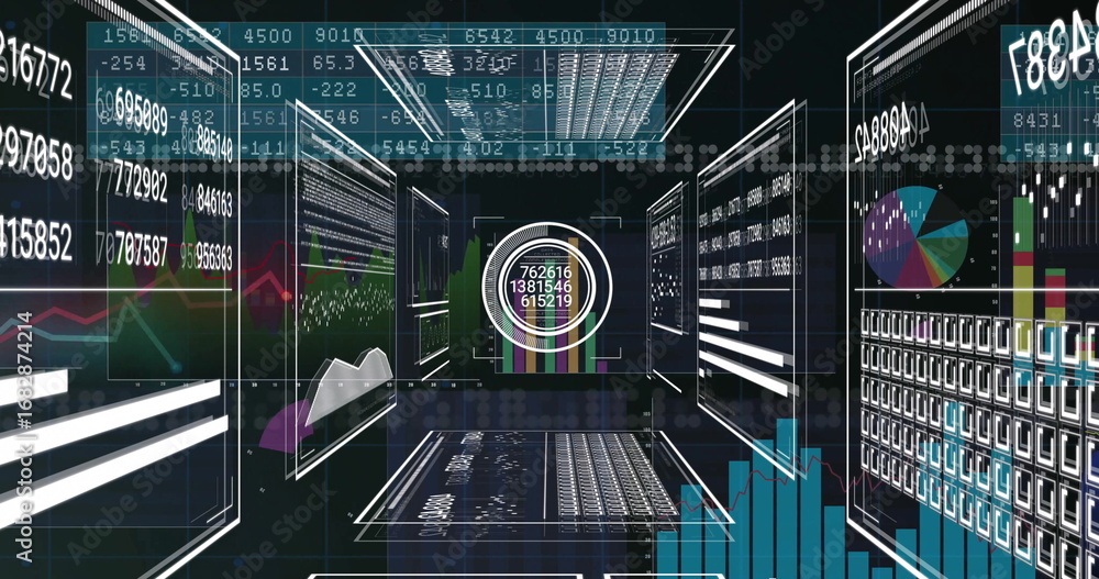 Aufkleber floating central circular data panel displaying gauges and charts in virtual corridor, with screens