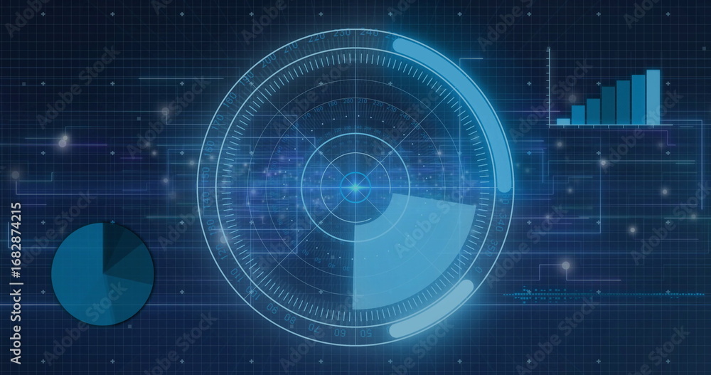 Poster circular radar rotating in digital panel, with pie chart, bar graph, grid overlay and data lines