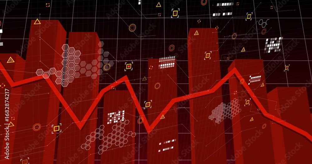 Poster displaying red 3d bar chart fluctuating in analytics dashboard, with jagged line