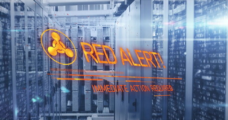 Displaying digital warning overlay over server racks in data center, with LEDs and network cables