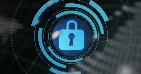 Showing blue padlock icon hovering over security interface, with UI arcs and binary code streams