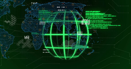 Green wireframe globe spinning on world map interface with code blocks, hex grids, icons, lines
