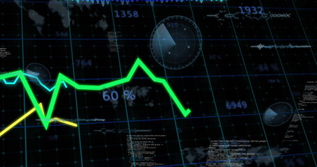 Displaying green zigzag line chart climbing on data dashboard, with radar gauges and numeric labels