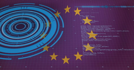 Displaying EU star circle overlaying purple grid control panel, with interface graphic and code