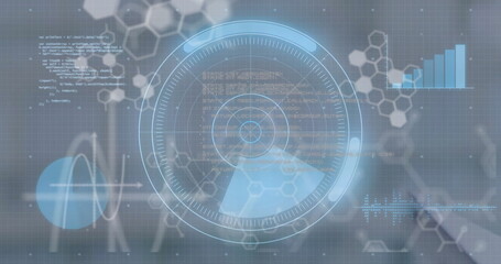 Displaying futuristic holographic interface overlaying graphs at desk, with HUD, molecular hexagons
