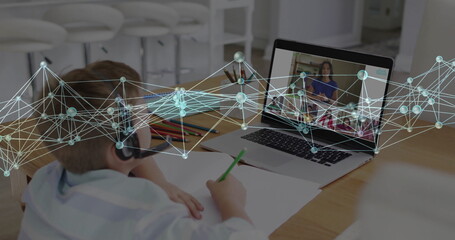 Sitting boy in shirt and headset at kitchen table, learning with laptop and pencils under overlay