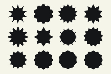 Twelve Black Burst Shapes on Beige Background, Minimalist Design Elements for Creative Projects