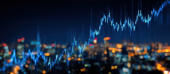 Abstract cityscape with financial data overlay.  Night view