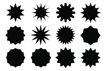 Twelve Different Black Burst Shape Variations, Set Against a White Background, Isolated