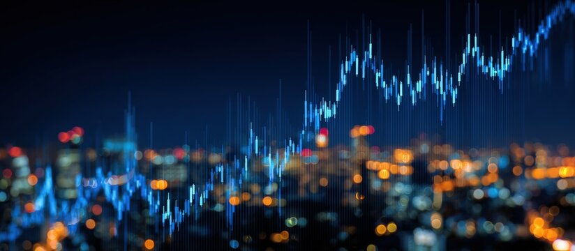 Abstract cityscape with financial data overlay.  Night view