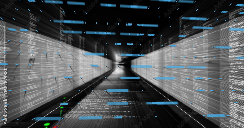 Poster digital corridor projecting text and data bars in virtual tunnel, with code panels and status dots