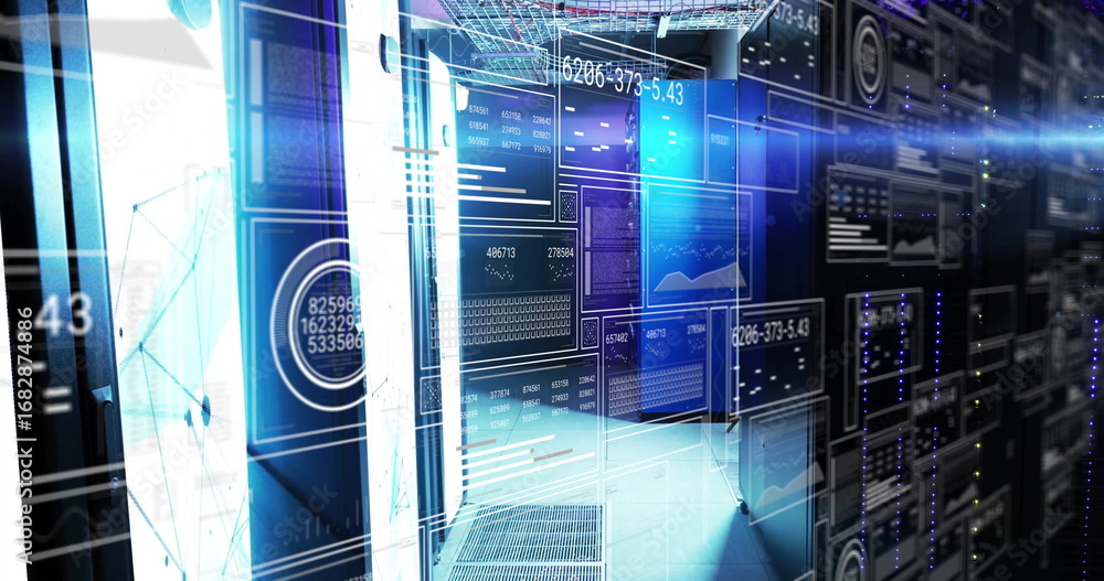 Aufkleber displaying holographic data panels floating over server racks in data center, with blue led lights