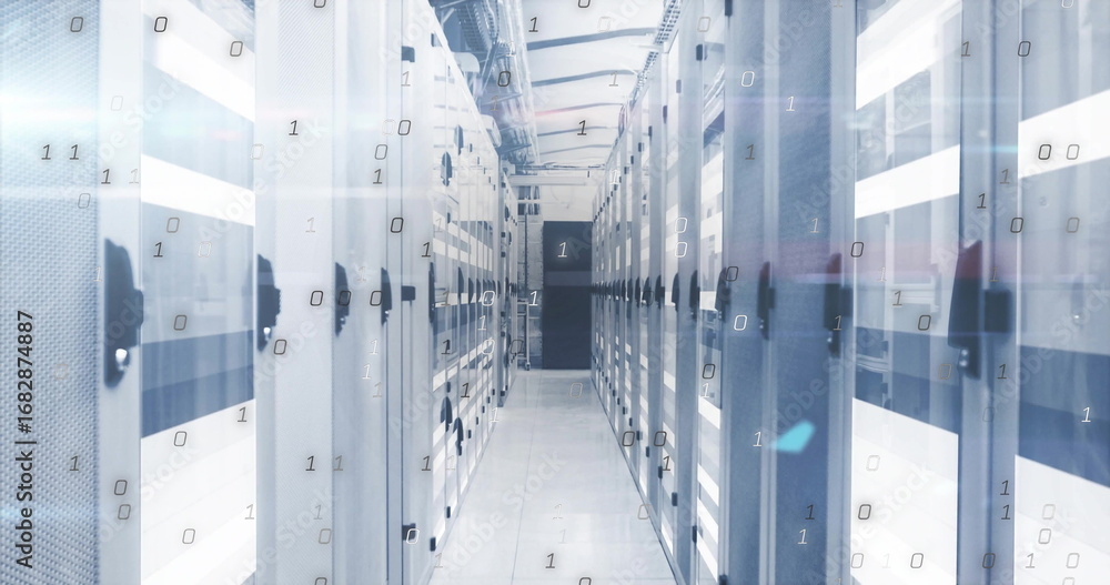 Poster highlighting server cabinets with mesh doors and led panels in data center corridor, binary overlay