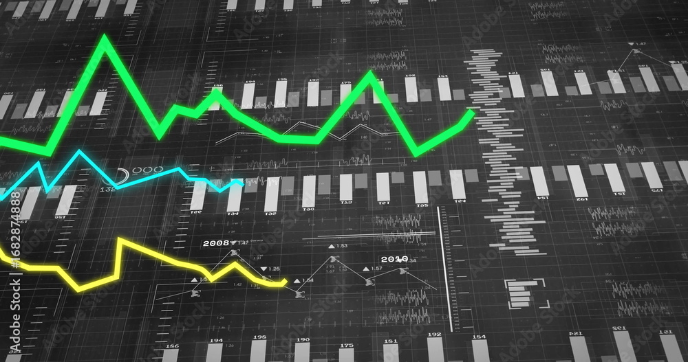 Poster displaying colored line graphs and gray bars on grid dashboard display, with year annotations