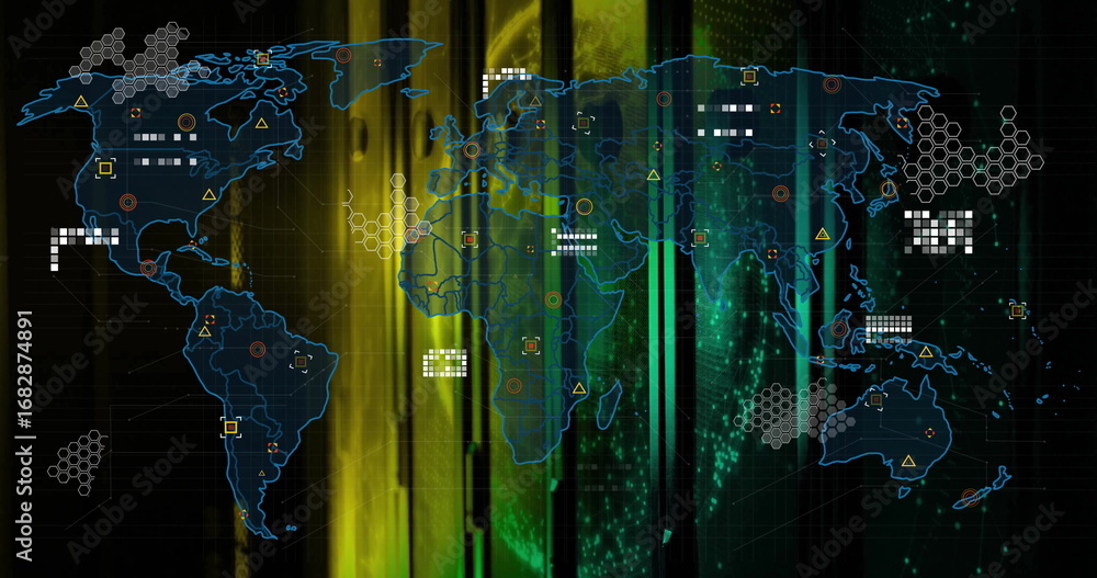Aufkleber showing blue world map visualizing network data in interface with hexagon clusters and nodes