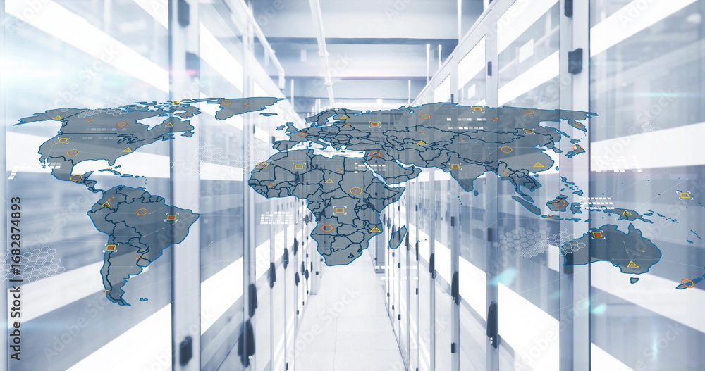 Poster displaying translucent world map scanning data center aisle, showing warning, data-transfer icons
