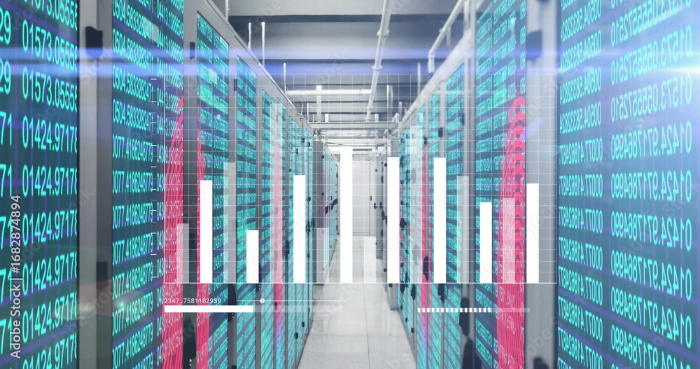 Aufkleber glowing server racks lining narrow data center aisle, with holographic chart and numeric overlay