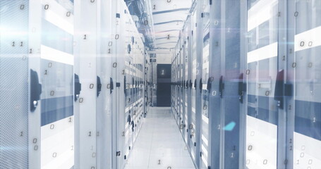 Highlighting server cabinets with mesh doors and LED panels in data center corridor, binary overlay