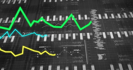 Displaying colored line graphs and gray bars on grid dashboard display, with year annotations