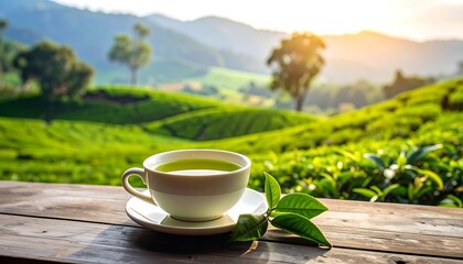 A cup of tea on a wooden table overlooking a tea plantation at sunrise