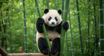 Obraz premium A charming panda cub holds onto a bamboo stalk amidst a lush green bamboo forest, showcasing its playful nature.