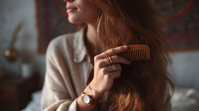 Woman combing her long, wavy red hair with a wooden comb. Selfcare, beauty, and wellness concept.  Ideal for blog posts, articles on haircare or a healthy lifestyle.