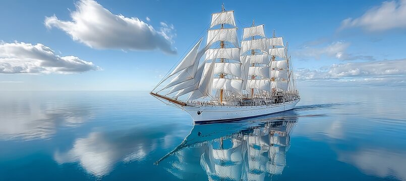 Majestic four-mast sailing vessel gracefully navigates calm ocean waters under a clear blue sky. - Powered by Adobe