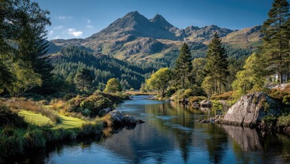 Fototapeta premium Mountain river valley, vibrant greenery, calm waters