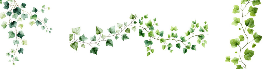 Obraz premium Lush green vine illustrations featuring delicate leaves and organic curves, ideal for nature-inspired designs and decorative motifs in various art projects