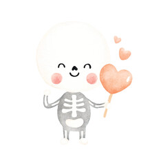 Cute Watercolor Skeleton Holding Heart Valentines Day Design.