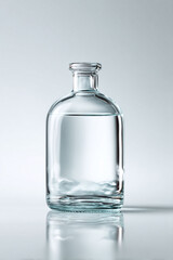 Minimalist image showcasing a clear glass bottle filled with water on a reflective surface. Ideal for concepts related to purity, hydration, freshness, or product presentation.