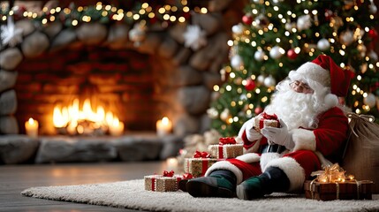 Santa Claus relaxing by the fireplace with wrapped gifts under the Christmas tree during a festive holiday celebration