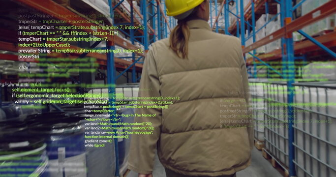 Warehouse worker wearing yellow hard hat and vest walking down aisle, with racks and code overlay - Powered by Adobe