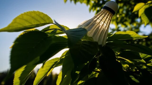 Shuttlecock on Green Leaves Against Sky and Sun in Outdoor Setting with Bright Daylight for Sport and Recreation