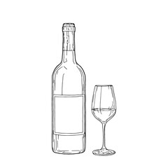 Bottle of wine with a label and a glass on thin leg, black and white sketch. Vector illustration. A classic glass for an alcoholic drink, isolated on white background. Grape theme, wineries, for print