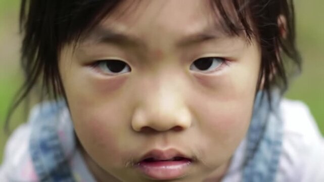Little asian girl with crossed eyes, showcasing a child's facial expressions and visual quirkiness