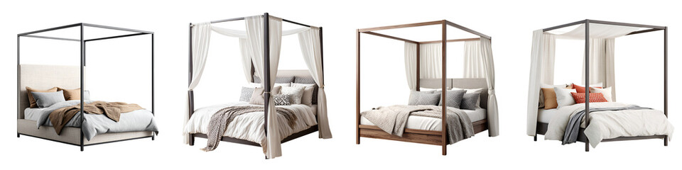 Elegant, modern canopy beds with varying designs, featuring dark, light, and natural wood frames, complemented by soft, flowing fabrics for a stylish bedroom centerpiece.