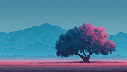 Pastel landscape, solitary tree, hazy mountains