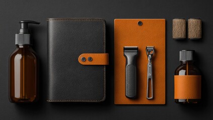 Dark-toned leather goods and toiletries, minimalist design