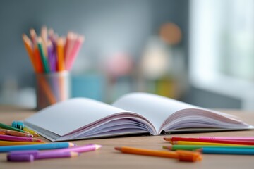 Open notebook with colorful art supplies on a wooden table in a child's room