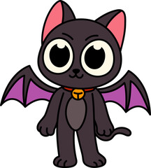 Cute Bat-Winged Black Cat Standing with Big Eyes (Color Outline Illustration)