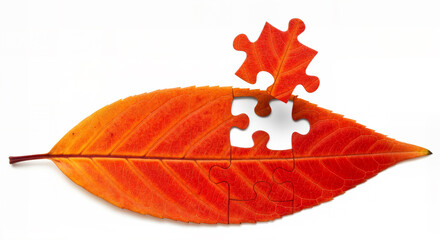 An orange leaf with a missing piece and a puzzle piece hovering above it, isolated on white background