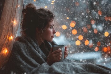 girl with a blanket sitting by window, holding a mug, Christmas lights reflecting on glass, snow falling outside