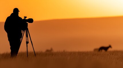 A wildlife photographer captures stunning images at sunset. The silhouette of the photographer contrasts beautifully with the warm hues of the sky. Perfect for nature enthusiasts. AI