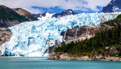 A vast glacier cascading into a turquoise lake, surrounded by dramatic mountain peaks and forests