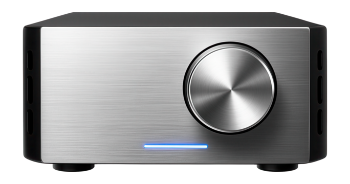 Compact stereo audio amplifier with brushed aluminum faceplate and rotary volume knob