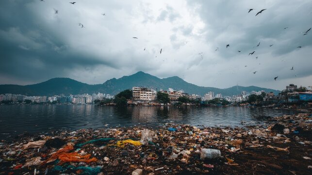 Environmental Disaster: A stark contrast between the beauty of nature and the ugliness of pollution. A city skyline stands in the backdrop, while a sea of waste engulfs the foreground.