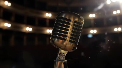 Classic golden vintage microphone on a dark stage under a spotlight in a theater